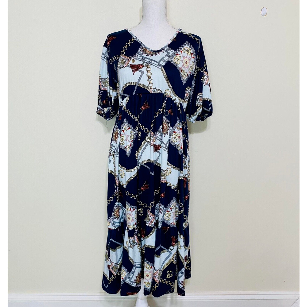 Chain Print Puff Sleeve Long Sun Dress For Women, (Size Med to Large),Navy Blue